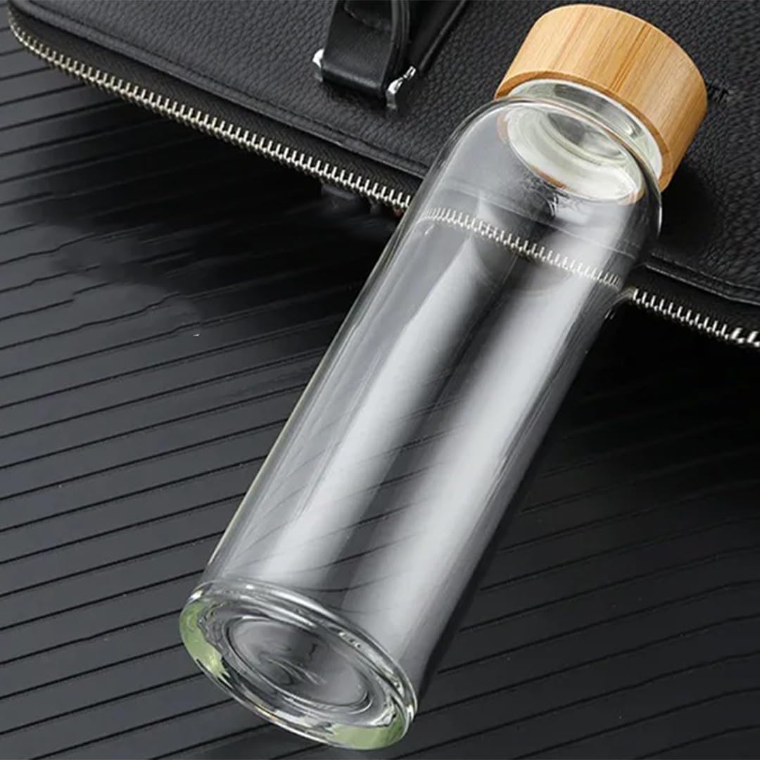 Premium Clear Glass Water Bottle with Wooden Lid 500 ML