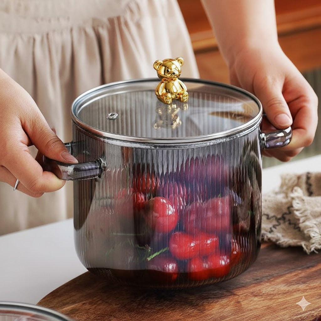 Elegant Ribbed Glass Casserole with Bear Handle Lid - 3.5 Ltr