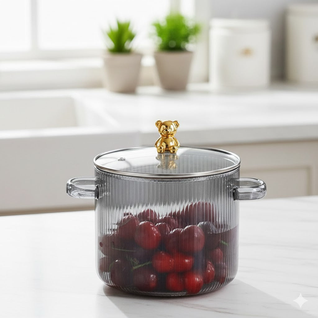 Elegant Ribbed Glass Casserole with Bear Handle Lid - 3.5 Ltr