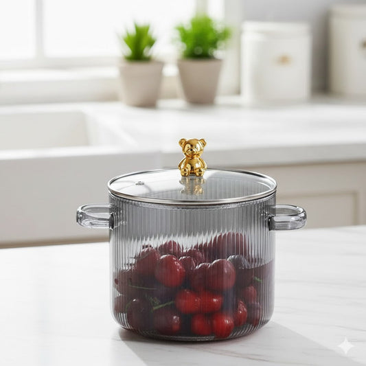 Elegant Ribbed Glass Casserole with Bear Handle Lid - 3.5 Ltr