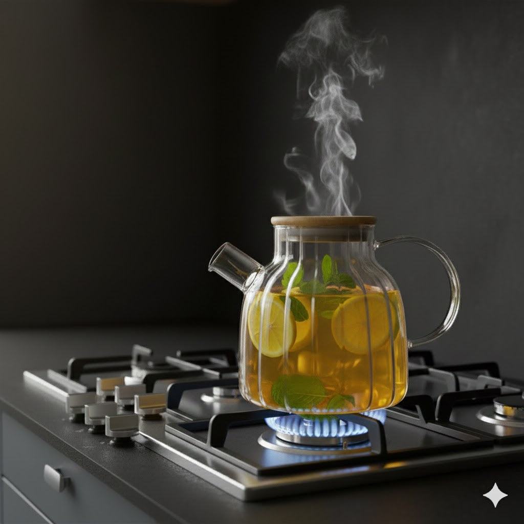 Heat-Resistant Glass Tea Kettle with Wooden Lid - 1.5Ltr