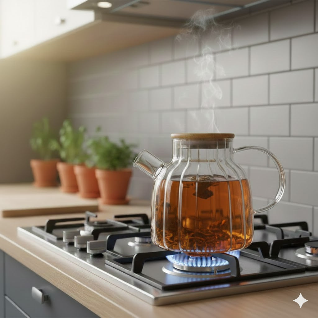Heat-Resistant Glass Tea Kettle with Wooden Lid - 1.5Ltr