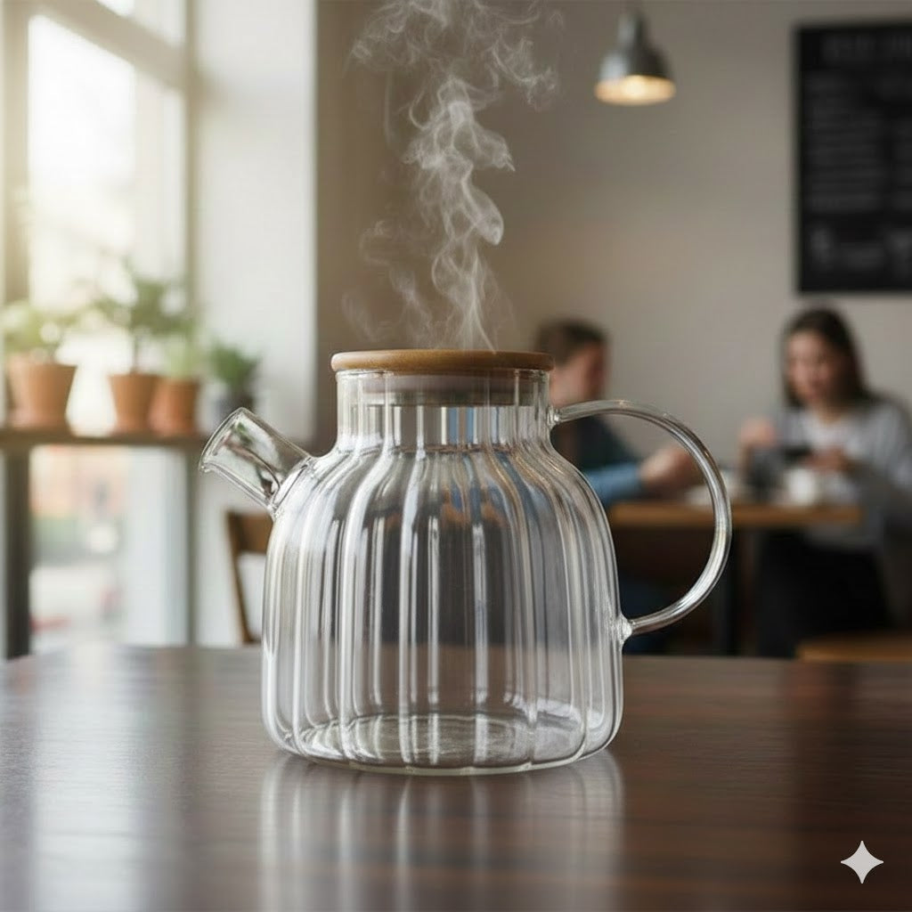 Heat-Resistant Glass Tea Kettle with Wooden Lid - 1.5Ltr