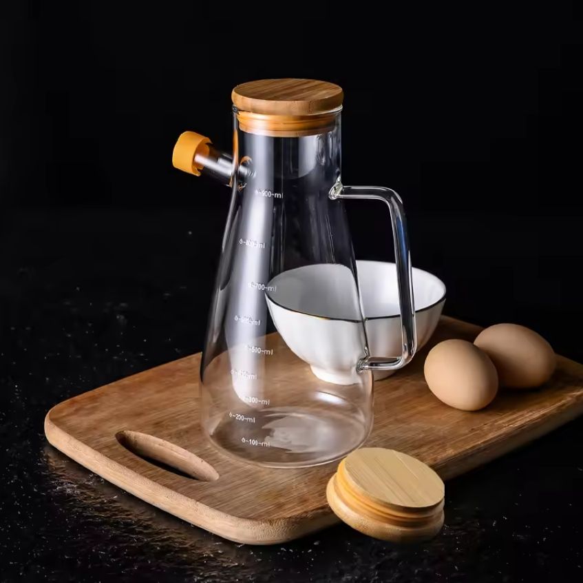 Premium Clear Glass Oil Dispenser Jug with Wooden Lid 900 ML
