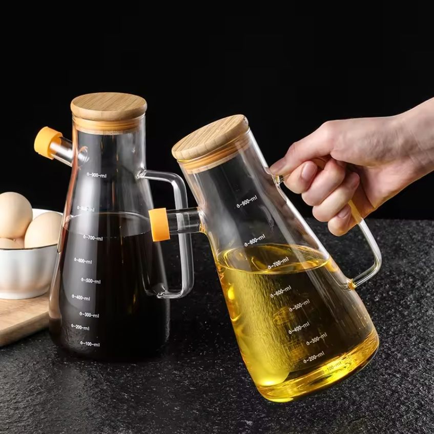 Premium Clear Glass Oil Dispenser Jug with Wooden Lid 900 ML