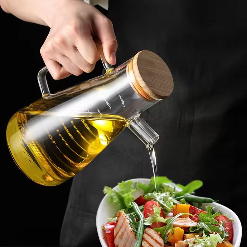 Premium Clear Glass Oil Dispenser Jug with Wooden Lid 900 ML