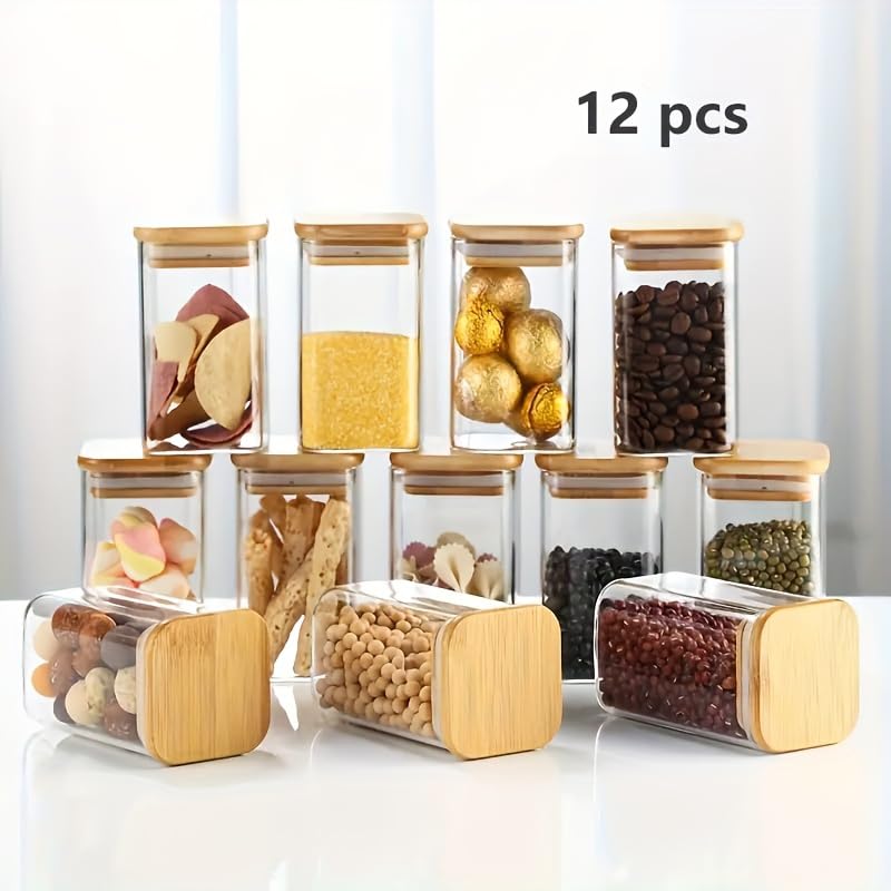 Glass Storage Jar Set with Wooden Lid (12 Pieces)