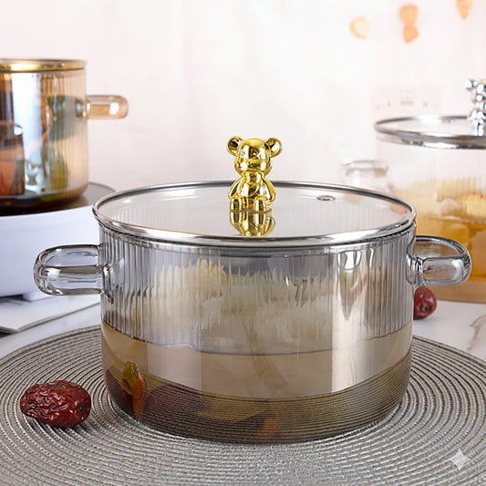 Transparent Glass Cooking Pot with Bear Lid & Handles - 2.5Ltr