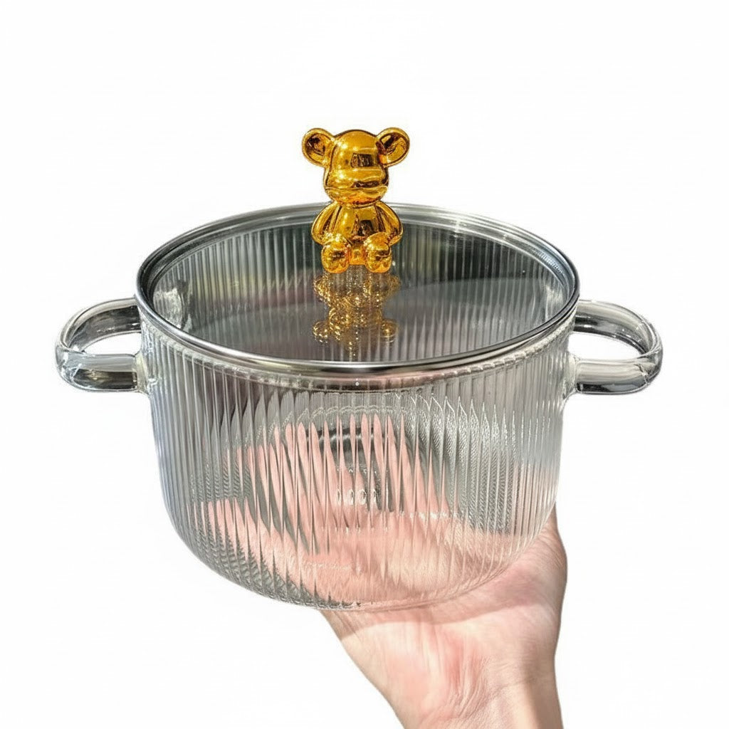 Transparent Glass Cooking Pot with Bear Lid & Handles - 2.5Ltr