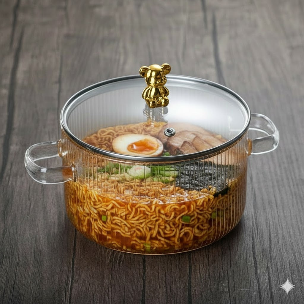 Transparent Glass Cooking Pot with Bear Lid & Handles - 2.5Ltr